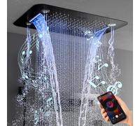 OihPaw Colonne de Douche,Plafonnier 58 × 38 cm,Kit douche LED avec musique | Système douche noire thermostatique,douche encastrée,tête double jet pluie/cascade,douchette,6 jets latéraux,kit complet