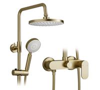 OihPaw Colonne De Douche, Système De Douche Mural En Laiton Or Brossé | Ensemble de douche mural 2-en-1, pomme de douche ronde à effet pluie de 225 mm, orientable à 360°, douchette à main 3 modes