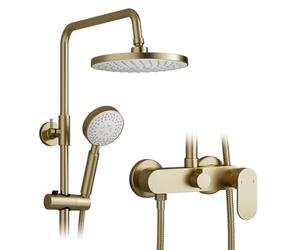 OihPaw Colonne De Douche, Système De Douche Mural En Laiton Or Brossé | Ensemble de douche mural 2-en-1, pomme de douche ronde à effet pluie de 225 mm, orientable à 360°, douchette à main 3 modes