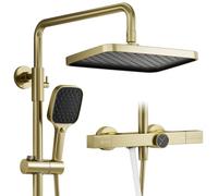 OihPaw Colonne de douche thermostatique, douche or brossé, corps en laiton | Système de douche thermostatique 40 °C, douche de tête 283 × 193 mm, douchette 3 modes et sortie d’eau inférieure 2 modes