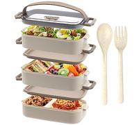 OITUGG Lunch Box 3 Couches - 2200ml Bento Lunch Box pour Adulte et Enfant, avec Couverts et 3 pcs compartimentée réglables, sans BPA, Passe au micro-onde, 19.5x11.2x15cm, Beige