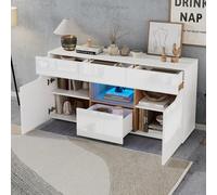 OKMYHOME Buffet - Buffet Bas avec 4 Tiroirs et 2 Compartiments, Éclairage LED Contrôlable, Panneau de Particules, 140x40x70 cm - Blanc + Bois Naturel