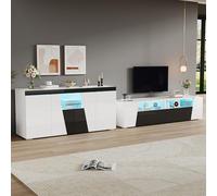 OKMYHOME Ensemble Meuble TV et Buffet avec LED et Finition Haute Brillance, Meuble TV et Buffet de Rangement Moderne - 180 cm + 140 cm - Blanc et Noir