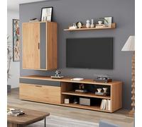OKMYHOME Ensemble Mural TV, Meuble TV Mural Complet Moderne 3 Pièces avec 2 Portes et 2 Tiroirs, Panneaux de Particules, 140×35×39 cm - Bois + Noir