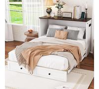 OKMYHOME Lit Double 140x200 cm - Lit Double Ado/Adulte Escamotable avec Tiroirs et Étagère - Ports USB Intégrés - Bois de Pin et MDF - Blanc - sans Matelas