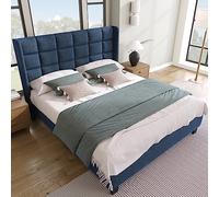OKMYHOME Lit Double 140x200 - Lit Adulte capitonné avec sommier à Lattes - Lin - sans Matelas - Bleu