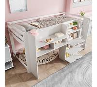 OKMYHOME Lit Enfant 90x200 cm - Lit Simple Mi-Hauteur avec Cabane Et Multiples Espaces De Rangement Pratiques - Bois Pin MDF - Blanc