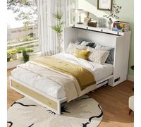 OKMYHOME Lit Escamotable 140 x 200 cm - avec Bureau Modulable et 2 Tiroirs, Lit Double avec Prise USB - MDF - sans Matelas - Blanc