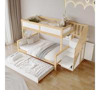 OKMYHOME Lit Superposé 90x200 & 120x200 cm - Lit Combiné Enfant avec Lit Gigogne, Armoire Et Escalier d'angle, Bois De Pin + MDF, Blanc, sans Matelas