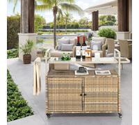 OKWISH Bar de Jardin - Chariot de Service Extérieur avec Plan de Travail Métallique et Seau à Glace, Roues Verrouillables - Beige