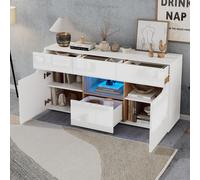 OKWISH Buffet avec 4 tiroirs, 140×40×70 cm, meuble bas avec 2 compartiments, commode sans poignées avec LED intégrée, blanc et bois naturel