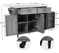 OKWISH Buffet de cuisine à roulettes avec plan de travail rabattable, étagère et 2 tiroirs, gris