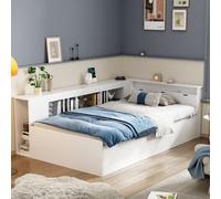 okwish Canapé-lit de jour 90x200 cm avec sommier à lattes et tiroirs, lit enfant ou adolescent en bois avec étagère et armoire de rangement – blanc (sans matelas)
