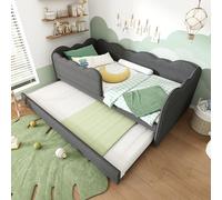 okwish Daybed L-forme 90x190 cm, canapé-lit sans matelas, lit enfant avec lit gigogne, forme nuage, sommier, lin – gris
