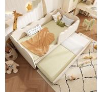 okwish Daybed L-forme 90x190 cm, canapé-lit sans matelas, lit enfant avec lit gigogne, forme nuage, sommier, lin – beige