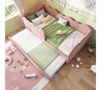 okwish Daybed L-forme 90x190 cm, canapé-lit sans matelas, lit enfant avec lit gigogne, forme nuage, sommier, velours – rose