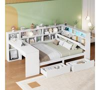 OKWISH Lit Banquette 140x200 cm - Avec Bureau Intégré, Étagères Tête et LED, MDF et Contreplaqué, Sans Matelas - Blanc