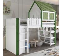 OKWISH Lit cabane 90×200 cm mezzanine avec barrière de protection, rangement – armoire et étagère ouverte à trois niveaux, blanc + vert (sans matelas)