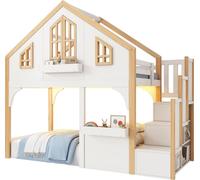 OKWISH Lit Cabane 90x200 cm - Lit Enfant Superposé avec Éclairage LED et Fenêtre - Rangements Intégrés - Sans Matelas - en Bois et MDF - Blanc