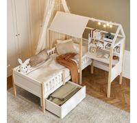 OKWISH Lit Cabane Enfant 90x200 cm - Avec Bureau en L, Bibliothèque et Tiroirs - Avec Barrière et Sommier - Sans Matelas - Bois Blanc