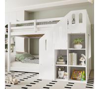 OKWISH Lit Combiné 90x200 cm - Lit Superposé Enfant avec Escaliers et Casier - Bois - Sans Matelas - Blanc