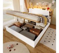 OKWISH Lit Double 140x200 cm - Lit Adulte avec Coffre Hydraulique LED et USB Type-C - Sans Matelas - Pin MDF Contreplaqué - Blanc Naturel