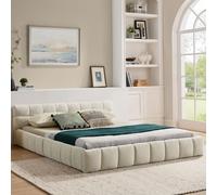 OKWISH Lit Double 140x200 cm - Lit Double Capitonné avec Housse Chenille Douce et Cadre Bois Métal Robuste, Sans Matelas - Beige