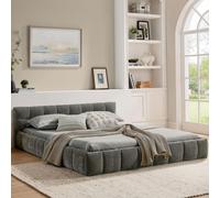 OKWISH Lit Double 140x200 cm - Lit Double Capitonné avec Housse Chenille Douce et Cadre Bois Métal, Sans Matelas - Gris Foncé