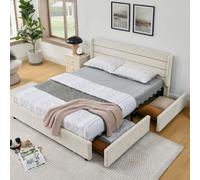 OKWISH Lit Double 160x200 cm - Lit Double Capitonné avec 4 Tiroirs de Rangement et Confort Supérieur, Chenille, Sans Matelas - Beige