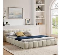 OKWISH Lit Double 160x200 cm - Lit Double Capitonné avec Housse Chenille Douce et Cadre Bois Métal, Sans Matelas - Beige