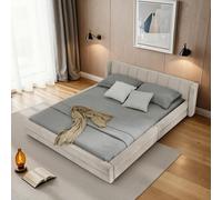OKWISH Lit Double 160x200 cm - Lit Double Capitonné avec Tête de Lit Confortable et Revêtement Chenille Doux, Sans Matelas - Beige