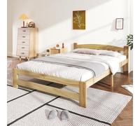 okwish Lit double en bois de pin massif 140 x 200 cm avec tête de lit et sommier à lattes, lit futon de style maison de campagne pour enfants, adolescents, adultes et chambres d'amis, naturel