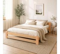 okwish Lit en bois 140 x 200 cm en bois massif, lit double avec tête de lit et sommier à lattes intégré, naturel, lit futon pour chambre à coucher, chambre d'adolescent et chambre d'amis