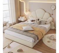 OKWISH Lit enfant 140×200 cm avec design de pétales arrondis, lit double antidérapant sans matelas, beige