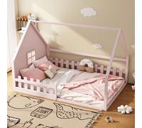 OKWISH Lit enfant 140x200 cm, Lit cabane avec barrières de sécurité, Rose