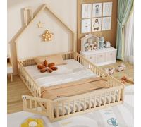 OKWISH Lit Enfant 140x200 cm - Lit Cabane Design Maison avec Cheminée Décorative et Sommier à Lattes Inclus, Bois et MDF, Naturel, sans Matelas