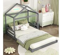 OKWISH Lit Enfant 140x200 - Lit Cabane Gris, Bois de Pin et MDF, Design Maison, Sans Matelas