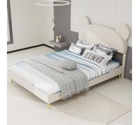 okwish Lit enfant 140x200 pour jeunesse avec cadre en panneau de fibres, lit simple coffre avec base plate et tête de lit cartoon, beige (sans matelas)