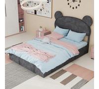 okwish Lit enfant 140x200 pour jeunesse avec rangement sous lit via mécanisme à vérin, lit simple coffre avec tête de lit de style cartoon, gris (sans matelas)