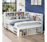 OKWISH Lit Enfant 208 x 198 x 91 cm - Lit Avec Rangement Et Bibliothèque, Tiroirs Inclus, MDF, Blanc, Sans Matelas