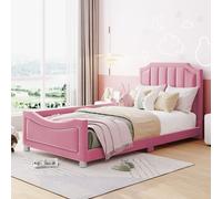 okwish Lit enfant 90*200 cm, flanelle de haute qualité, doux et confortable, cadre de canapé-lit avec dossier, lit multifonction avec tête de lit créative en forme de lapin – rose