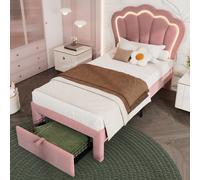 okwish Lit enfant 90 x 200 cm avec sommier à lattes, lit rembourré pour filles et garçons, lit simple fonctionnel avec LED et tiroirs – Velours rose (sans matelas)