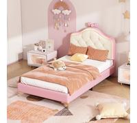 OKWISH Lit Enfant 90 x 200 cm - Lit Simple Avec Lattes En Bois Et Bande Lumineuse LED, Simili Cuir Et Métal, Sans Matelas, Rose + Blanc
