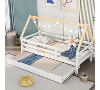 OKWISH Lit Enfant 90x200 cm - Lit Cabane Blanc en Bois Massif avec Toit Naturel et Lit Gigogne à Roulettes