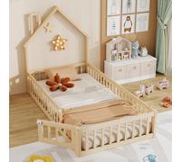 OKWISH Lit Enfant 90x200 cm - Lit Cabane Design Maison avec Cheminée Décorative et Sommier à Lattes Inclus, Bois et MDF, Naturel, sans Matelas