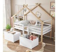 OKWISH Lit Enfant 90x200 cm - Lit Cabane Mi-Hauteur Avec Escalier Et 2 Rangements Sur Roulettes, Pin Et MDF, Sans Matelas - Naturel