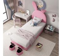 OKWISH Lit Enfant 90x200 cm - Lit Capitonné avec 2 Tabourets de Rangement et Éclairage LED, Velours, Sans Matelas - Rose