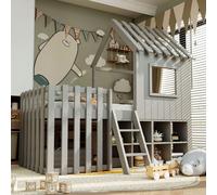 OKWISH Lit Enfant 90x200 cm - Lit Mi-Hauteur Cabane avec Échelle, Toit et Fenêtres, Bois Massif, Sans Matelas - Gris
