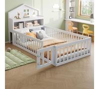 OKWISH Lit Enfant 90x200 cm - Lit Simple avec Rangement, Cadre Maison en Bois Massif, Protection Contre Chute, Sans Matelas - Blanc