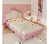 OKWISH Lit Enfant 90x200 cm - Lit Simple Avec Tête De Lit Capitonnée Et Pieds Métal, Lit Princesse Rembourré, PU, Sans Matelas, Rose